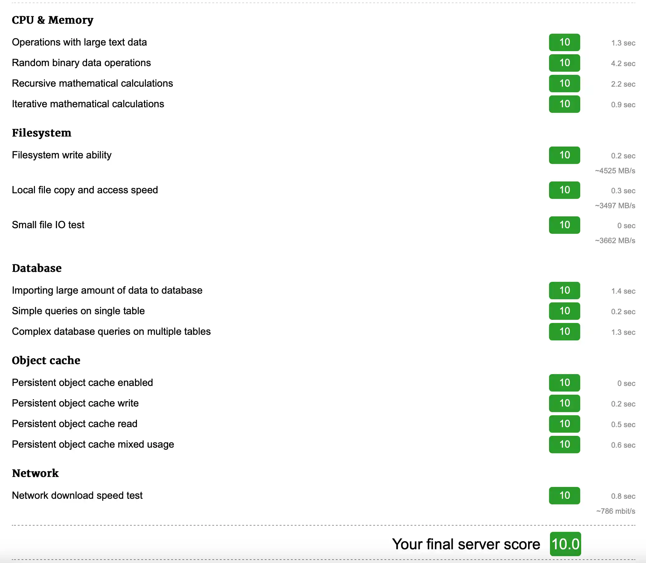 A screenshot from the WP Benchmark Tool plugin showing performance metrics.